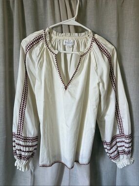 Velvet Cream Peasant Blouse with Burgundy Embroidery